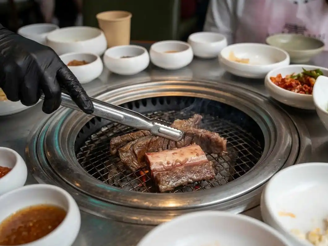 Korean barbecue grilling at the table with side dishes