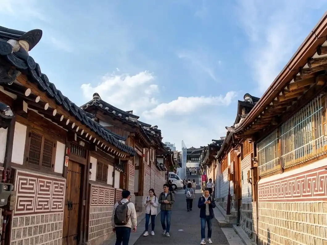 A quiet lane of traditional hanok houses in Seoul