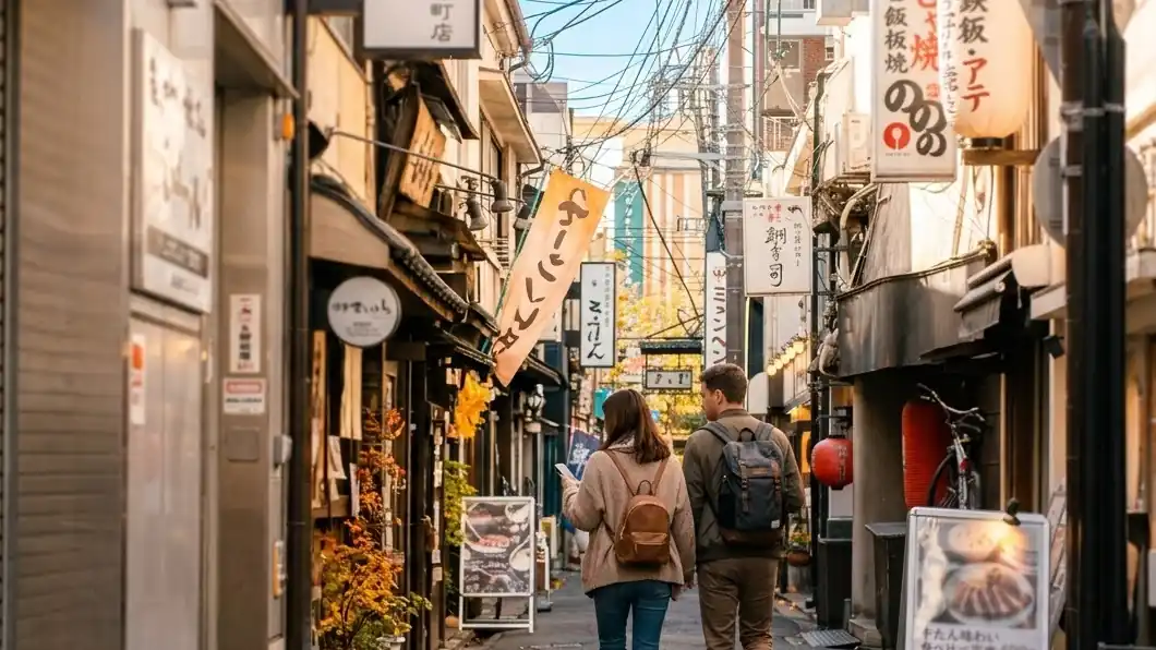 맑은 날 도쿄 골목을 걷는 여행자 커플