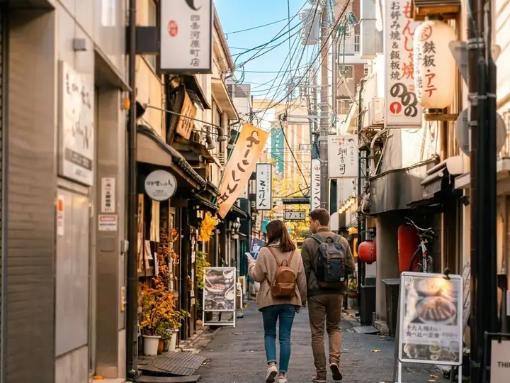 맑은 날 도쿄 골목을 걷는 여행자 커플